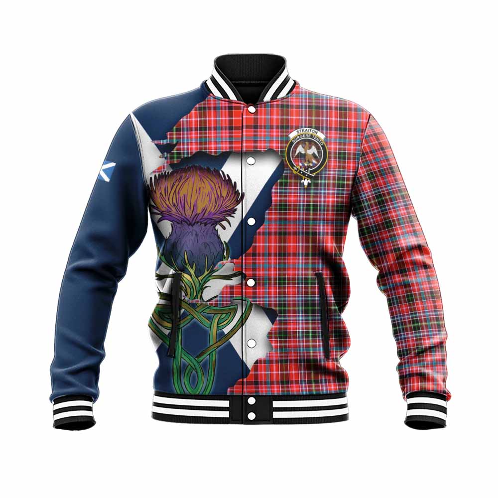 Tartan Vibes Clothing Straiton Tartan Family Crest Baseball Jacket Scottish Thistle Celtic Inspired