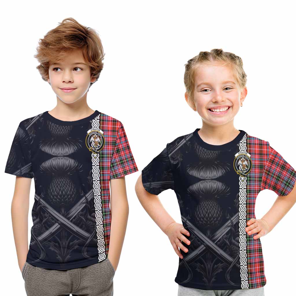 Tartan Vibes Clothing Straiton Tartan Kid T-Shirt with Family Crest Cross Sword Thistle Celtic Vibes