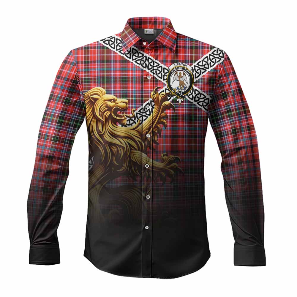 Tartan Vibes Clothing Straiton Crest Tartan Long Sleeve Button Shirt with Golden Lion Emblem Celtic Style