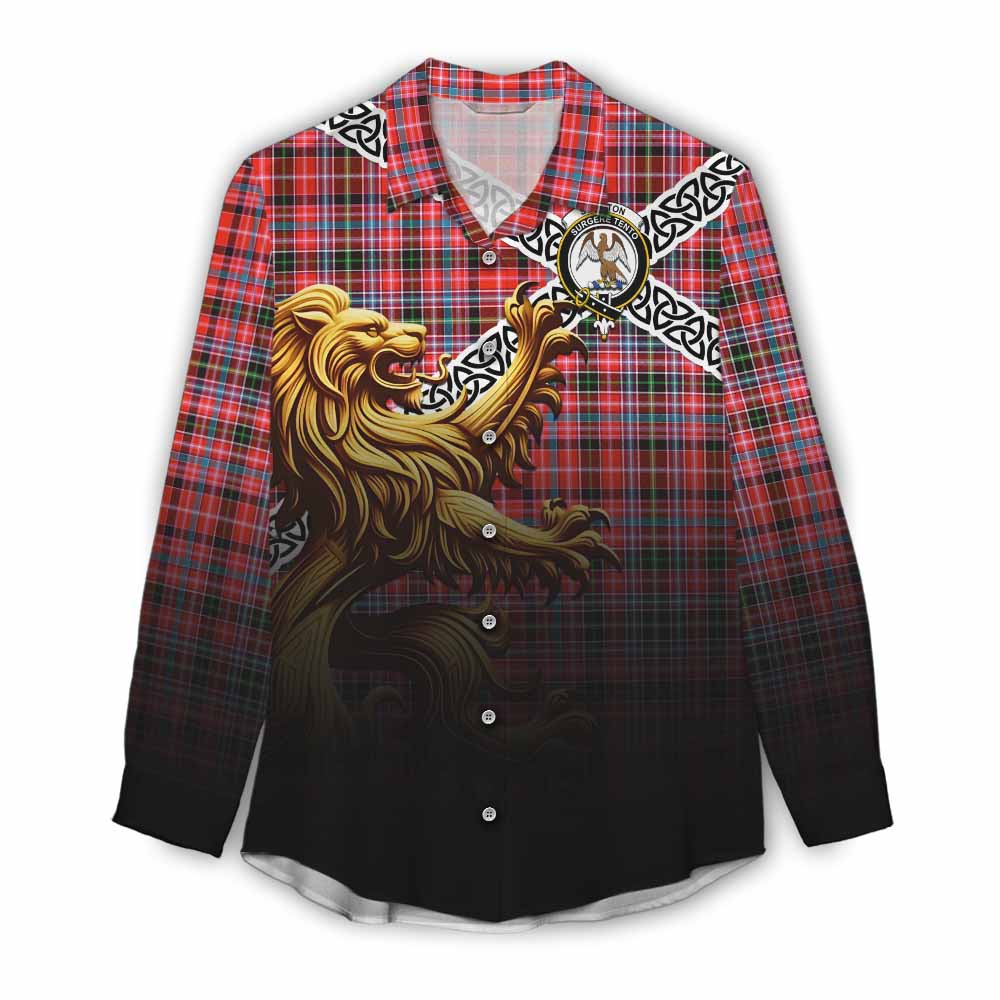 Tartan Vibes Clothing Straiton Crest Tartan Women's Casual Shirt with Golden Lion Emblem Celtic Style