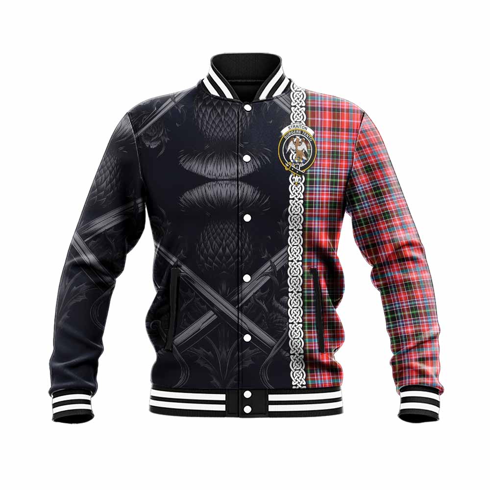 Tartan Vibes Clothing Straiton Tartan Baseball Jacket with Family Crest Cross Sword Thistle Celtic Vibes