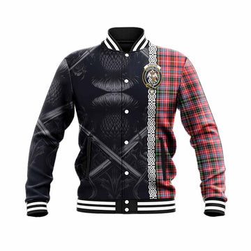 Tartan Vibes Clothing Straiton Tartan Baseball Jacket with Family Crest Cross Sword Thistle Celtic Vibes