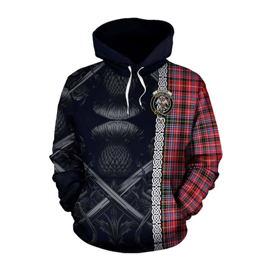 Tartan Vibes Clothing Straiton Tartan Cotton Hoodie with Family Crest Cross Sword Thistle Celtic Vibes