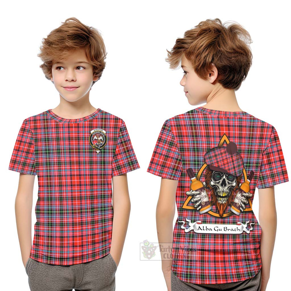 Tartan Vibes Clothing Straiton Tartan Kid T-Shirt with Family Crest and Bearded Skull Holding Bottles of Whiskey