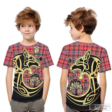 Straiton Tartan Kid T-Shirt with Family Crest Celtic Wolf Style