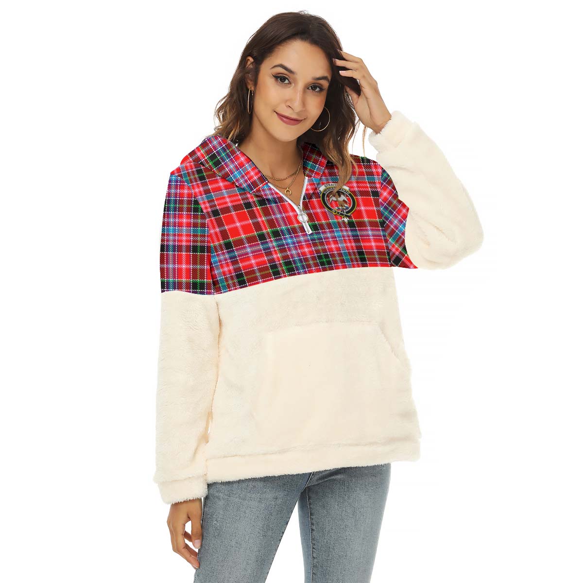 straiton-tartan-womens-borg-fleece-hoodie-with-half-zip-with-family-crest