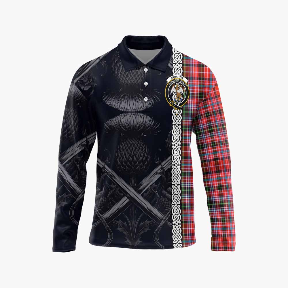 Tartan Vibes Clothing Straiton Tartan Long Sleeve Polo Shirt with Family Crest Cross Sword Thistle Celtic Vibes