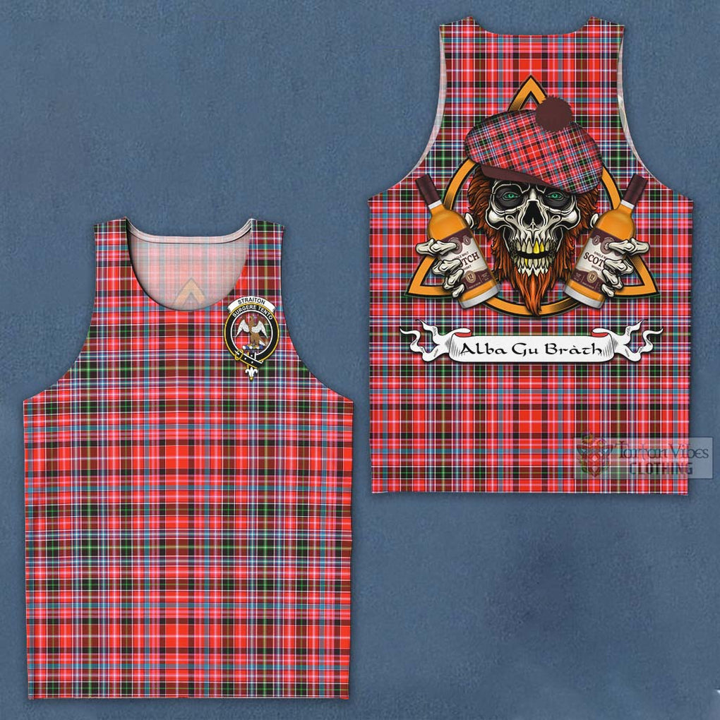 Tartan Vibes Clothing Straiton Tartan Men's Tank Top with Family Crest and Bearded Skull Holding Bottles of Whiskey