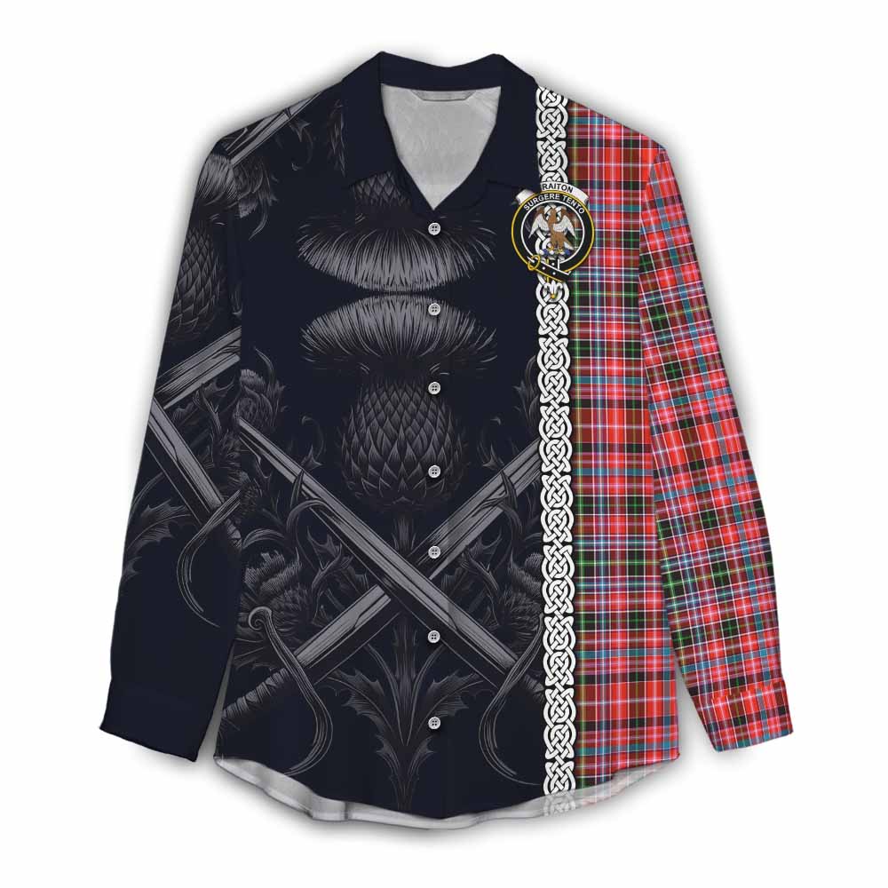 Tartan Vibes Clothing Straiton Tartan Women's Casual Shirt with Family Crest Cross Sword Thistle Celtic Vibes