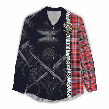 Tartan Vibes Clothing Straiton Tartan Women's Casual Shirt with Family Crest Cross Sword Thistle Celtic Vibes
