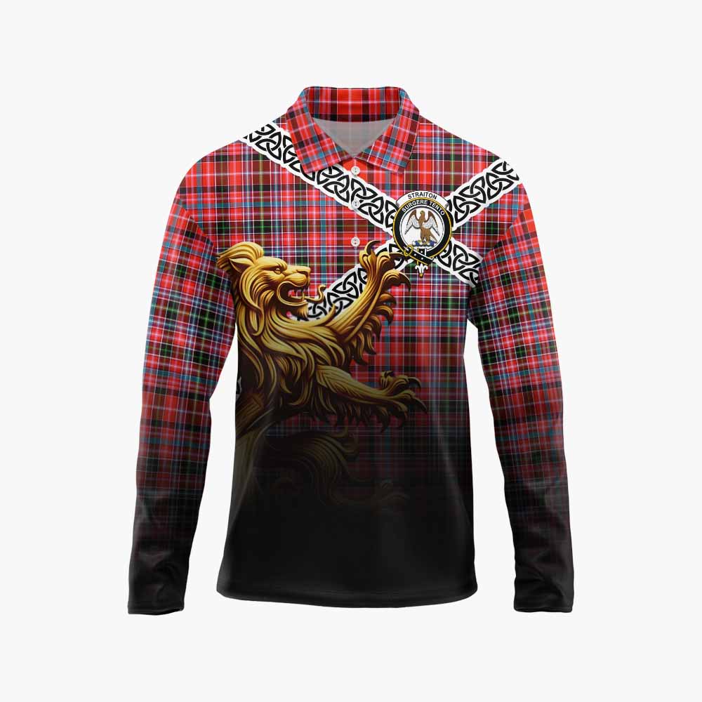 Tartan Vibes Clothing Straiton Crest Tartan Long Sleeve Polo Shirt with Golden Lion Emblem Celtic Style