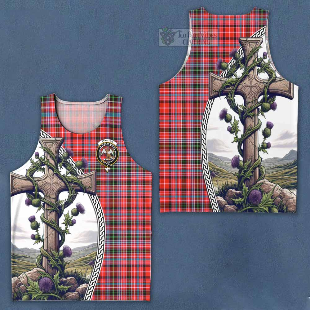 Tartan Vibes Clothing Straiton Tartan Men's Tank Top with Family Crest and St. Andrew's Cross Accented by Thistle Vines