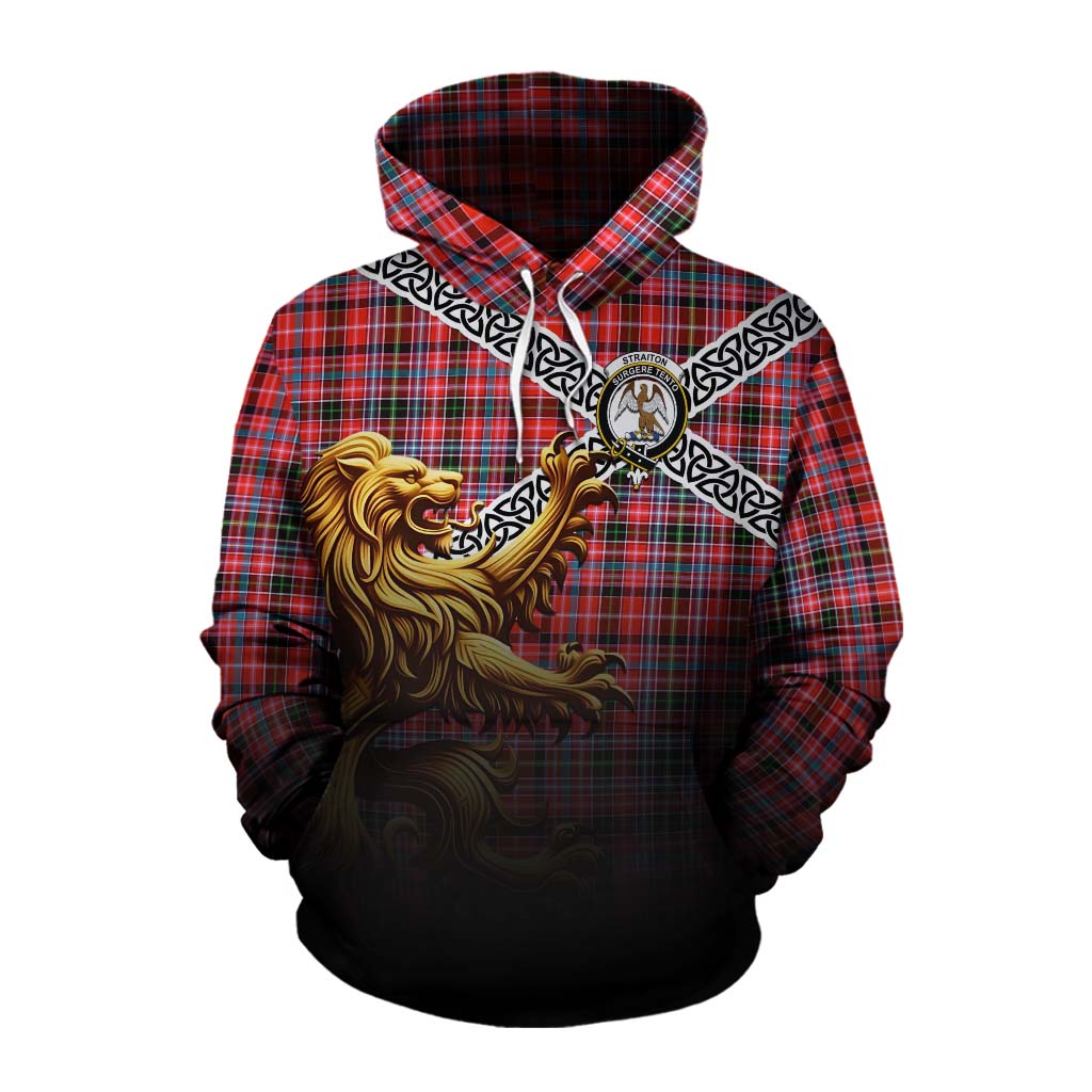 Tartan Vibes Clothing Straiton Crest Tartan Cotton Hoodie with Golden Lion Emblem Celtic Style