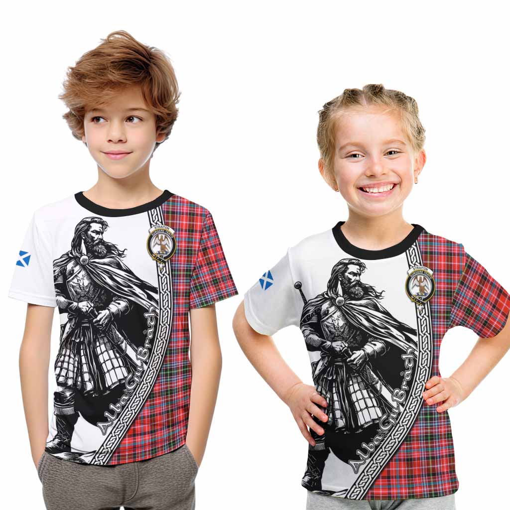 Straiton Tartan Clan Crest Kid T-Shirt with Highlander Warrior Celtic Style