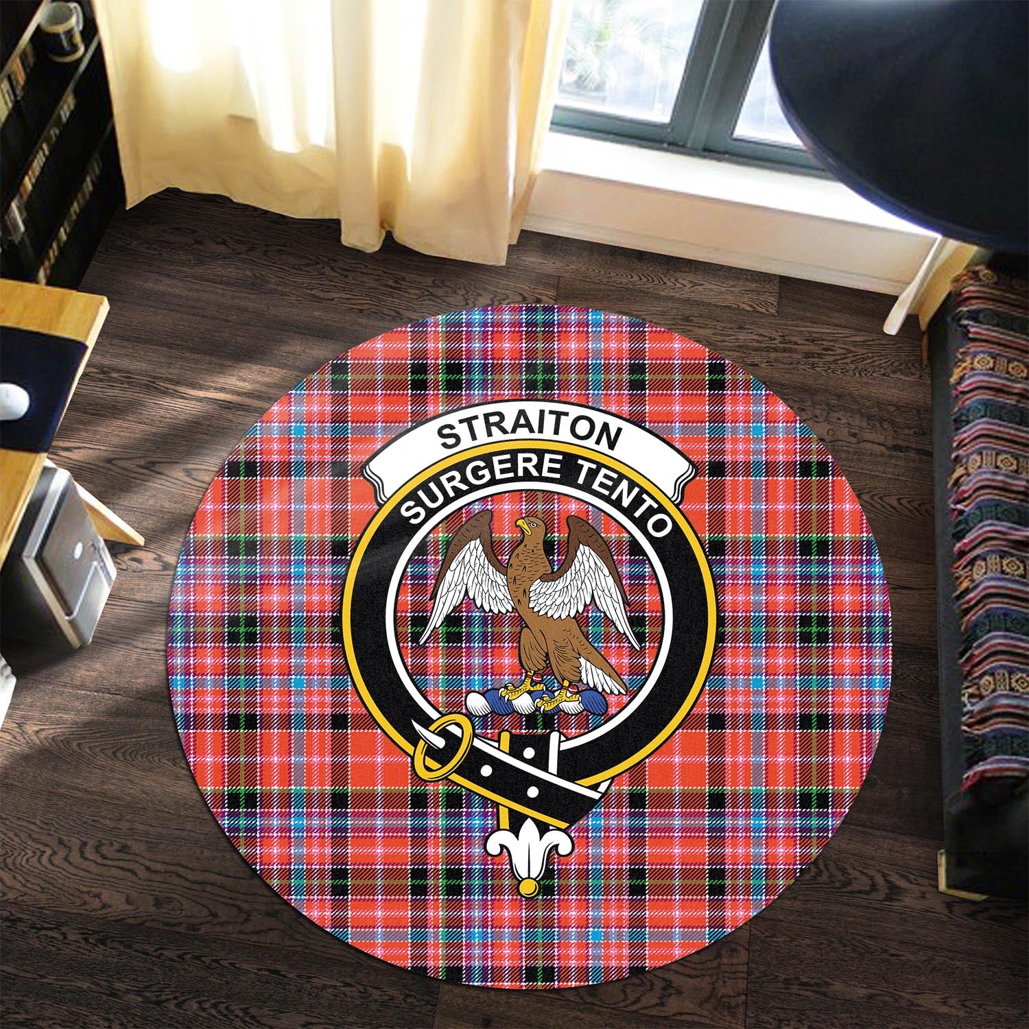 straiton-tartan-round-rug-with-family-crest