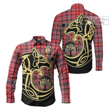 Straiton Tartan Long Sleeve Button Shirt with Family Crest Celtic Wolf Style Men's Shirt S - Tartan Vibes Clothing