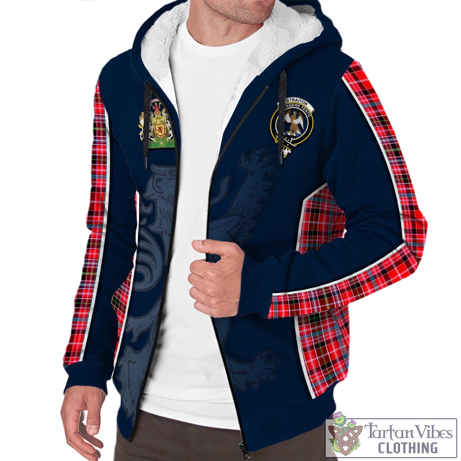 Tartan Vibes Clothing Straiton Tartan Sherpa Hoodie with Family Crest and Lion Rampant Vibes Sport Style