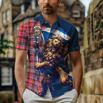 Tartan Vibes Clothing Straiton Tartan Family Crest Short Sleeve Button Shirt with Scottish Majestic Lion