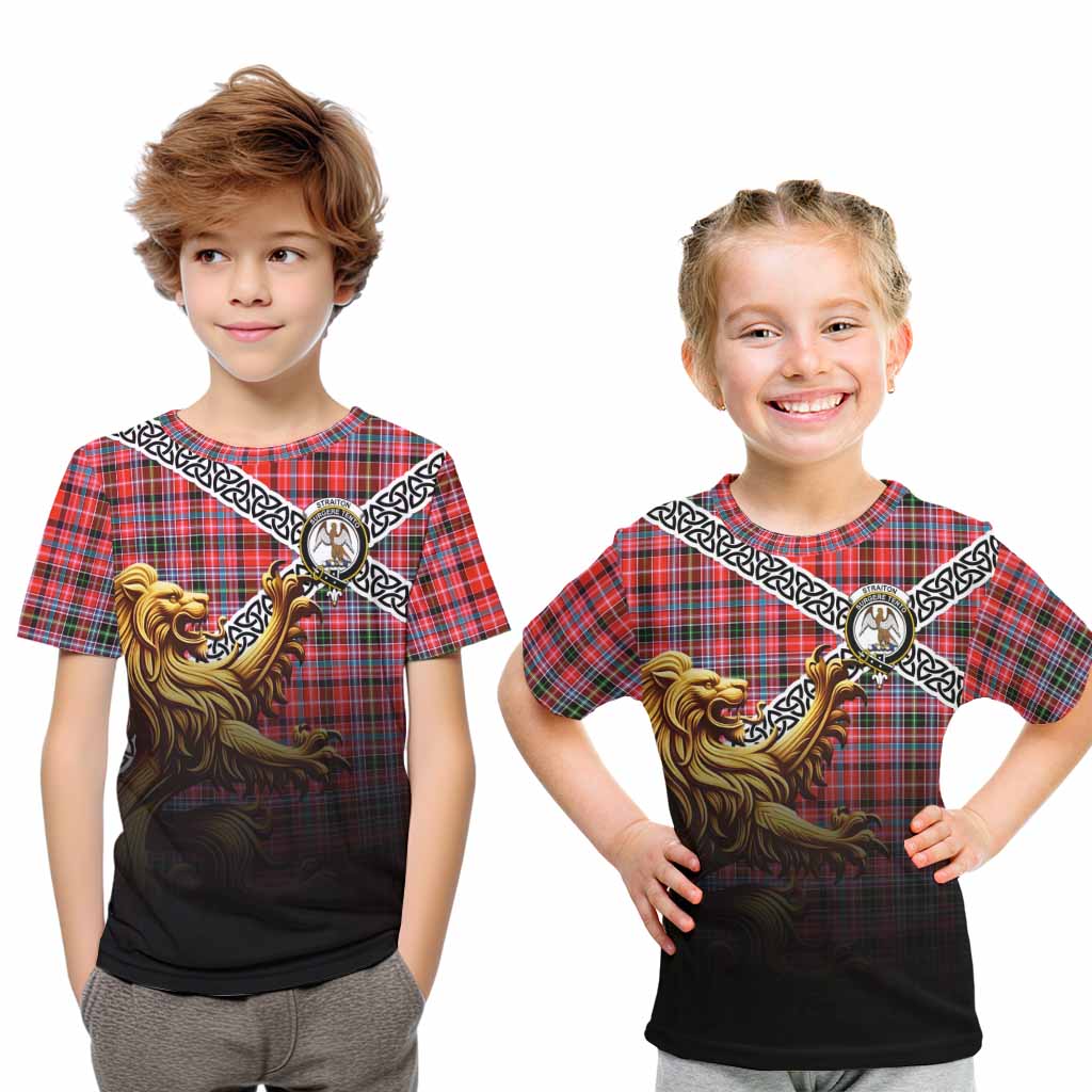 Tartan Vibes Clothing Straiton Crest Tartan Kid T-Shirt with Golden Lion Emblem Celtic Style