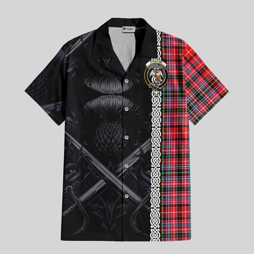 Tartan Vibes Clothing Straiton Tartan Short Sleeve Button Shirt with Family Crest Cross Sword Thistle Celtic Vibes