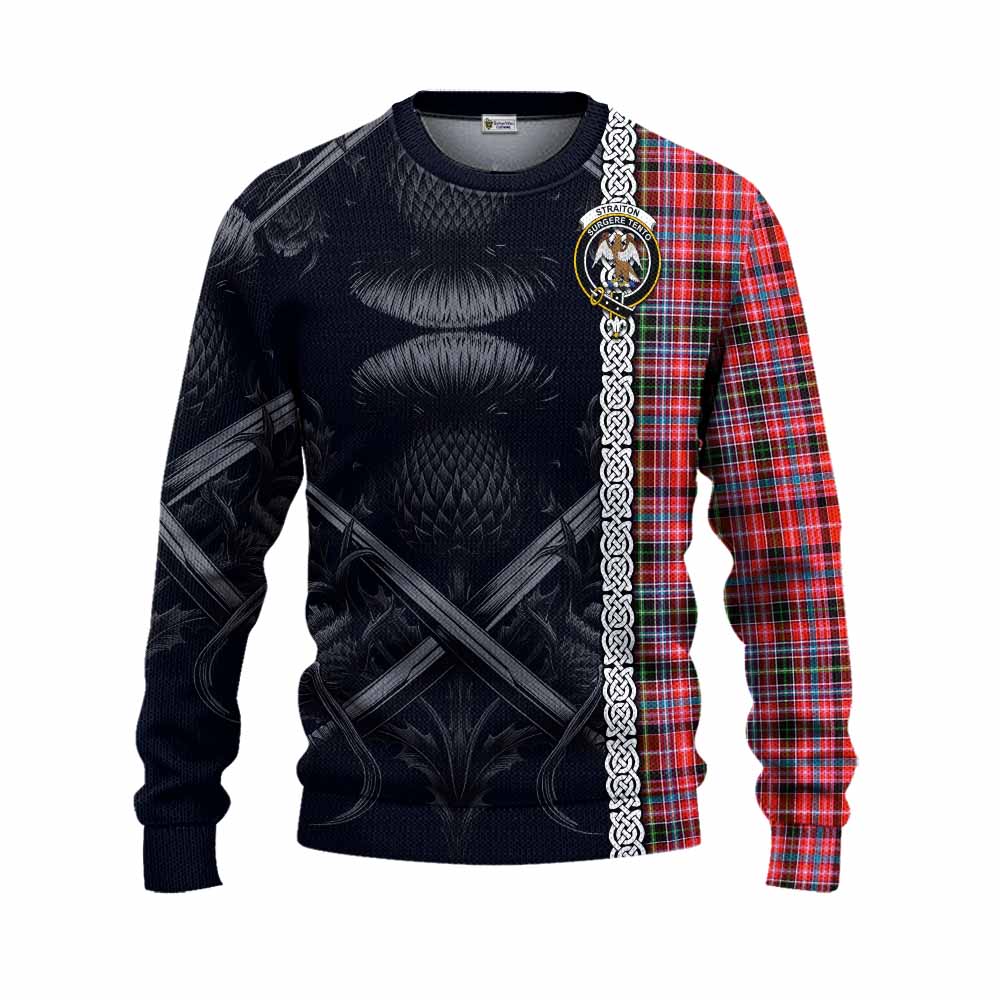 Tartan Vibes Clothing Straiton Tartan Knitted Sweater with Family Crest Cross Sword Thistle Celtic Vibes