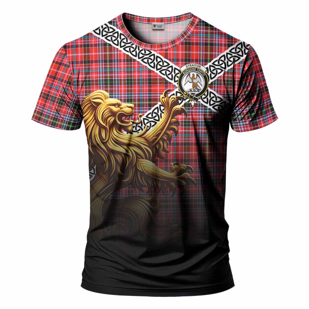Tartan Vibes Clothing Straiton Crest Tartan T-Shirt with Golden Lion Emblem Celtic Style