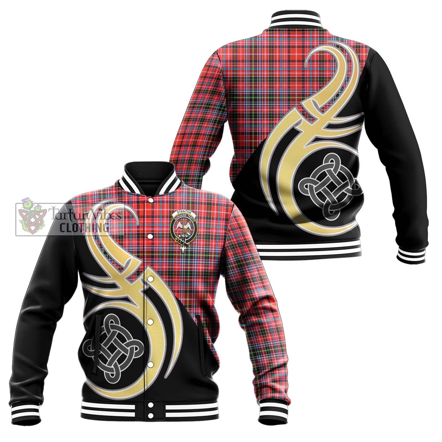 Straiton Tartan Baseball Jacket with Family Crest and Celtic Symbol Style Unisex - Tartan Vibes Clothing