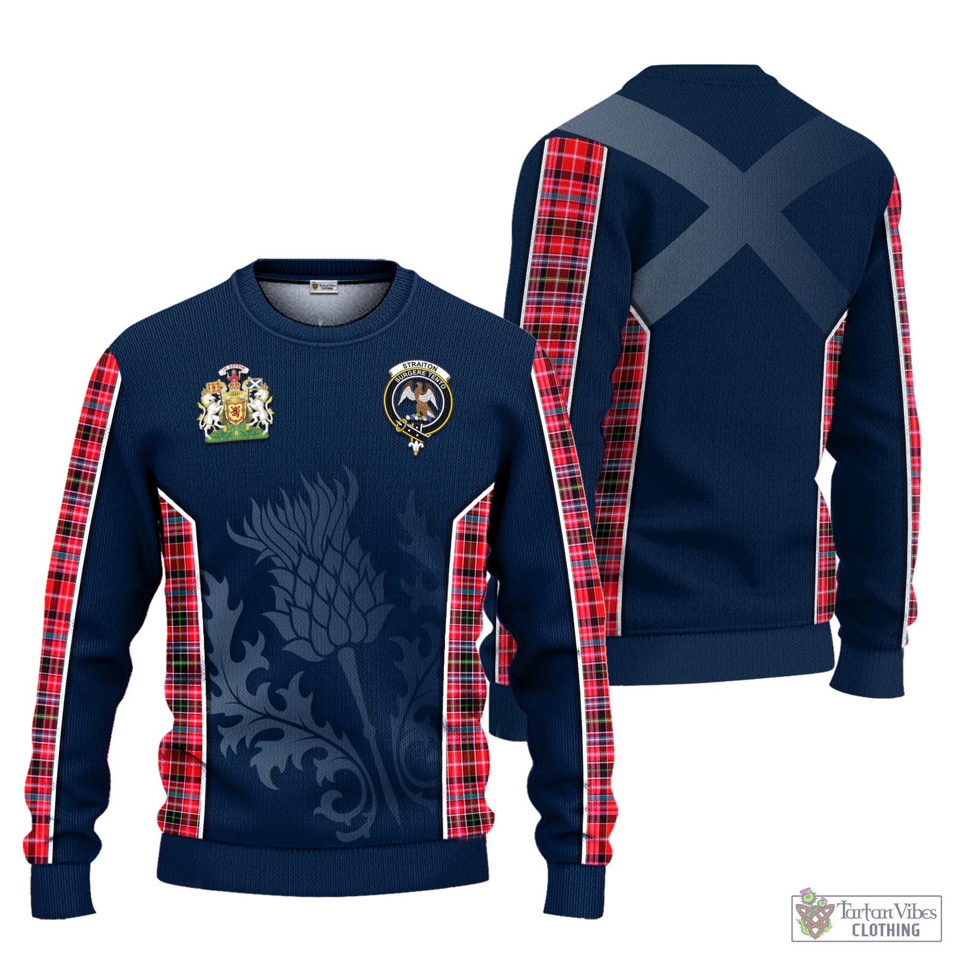Tartan Vibes Clothing Straiton Tartan Knitted Sweatshirt with Family Crest and Scottish Thistle Vibes Sport Style