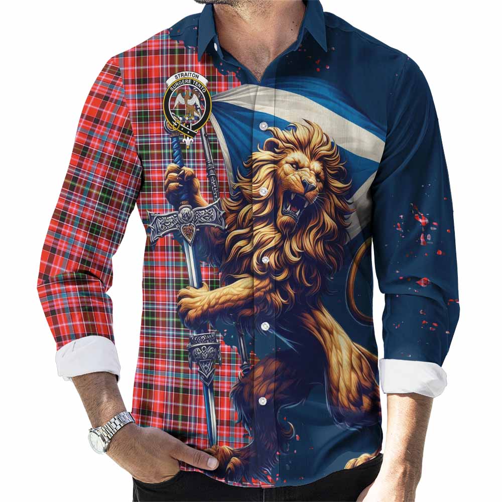 Tartan Vibes Clothing Straiton Tartan Family Crest Long Sleeve Button Shirt with Scottish Majestic Lion