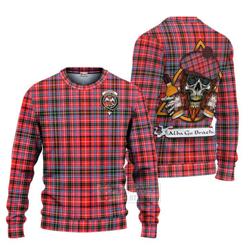 Tartan Vibes Clothing Straiton Tartan Knitted Sweater with Family Crest and Bearded Skull Holding Bottles of Whiskey