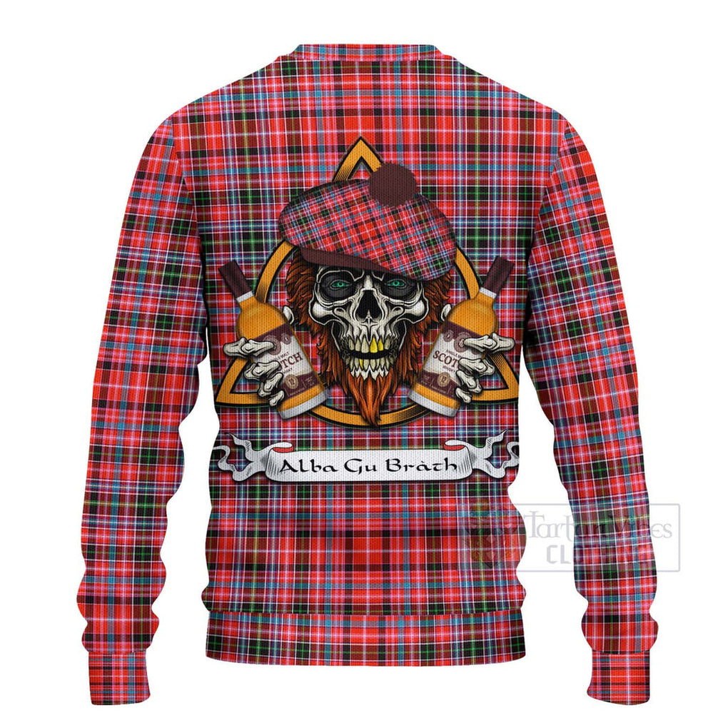 Tartan Vibes Clothing Straiton Tartan Knitted Sweater with Family Crest and Bearded Skull Holding Bottles of Whiskey