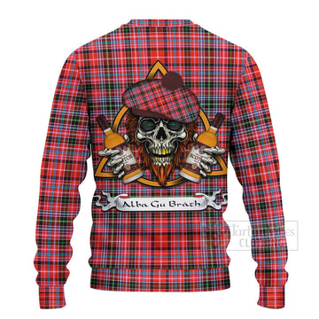 Tartan Vibes Clothing Straiton Tartan Knitted Sweater with Family Crest and Bearded Skull Holding Bottles of Whiskey