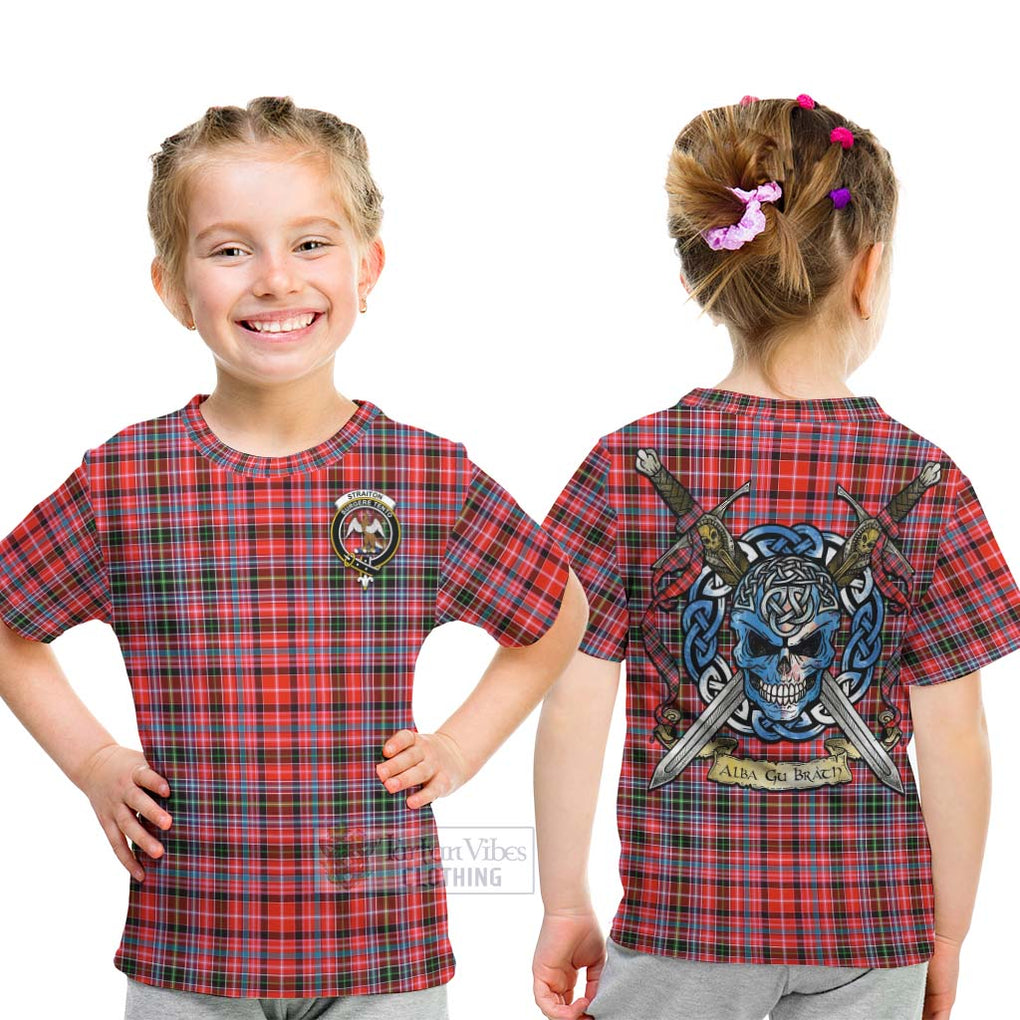 Tartan Vibes Clothing Straiton Tartan Kid T-Shirt with Family Crest Celtic Skull Style