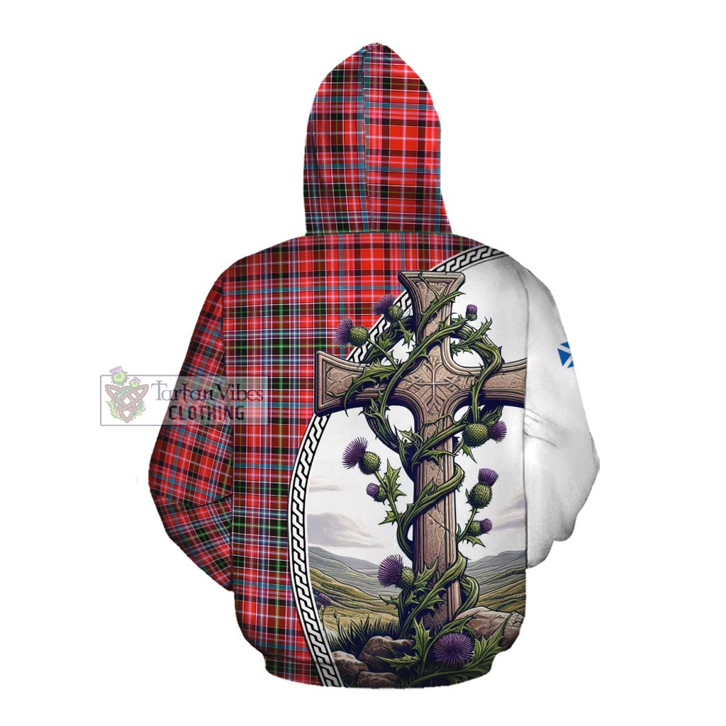 Tartan Vibes Clothing Straiton Tartan Cotton Hoodie with Family Crest and St. Andrew's Cross Accented by Thistle Vines
