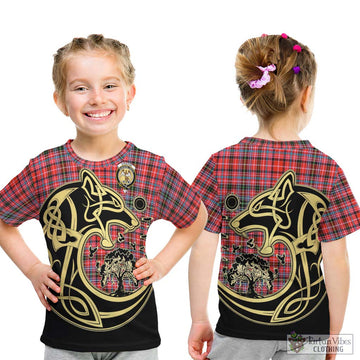 Straiton Tartan Kid T-Shirt with Family Crest Celtic Wolf Style