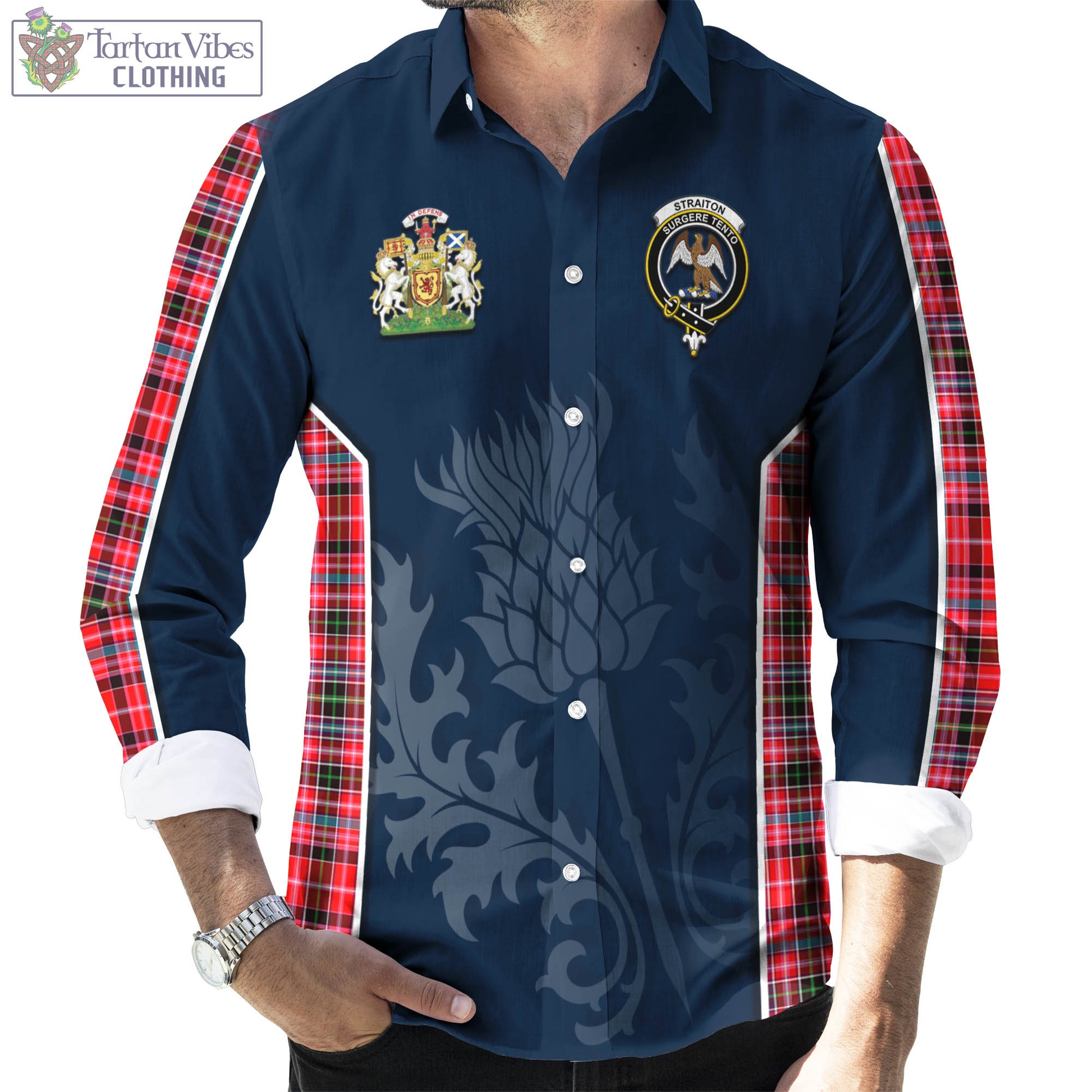 Tartan Vibes Clothing Straiton Tartan Long Sleeve Button Up Shirt with Family Crest and Scottish Thistle Vibes Sport Style