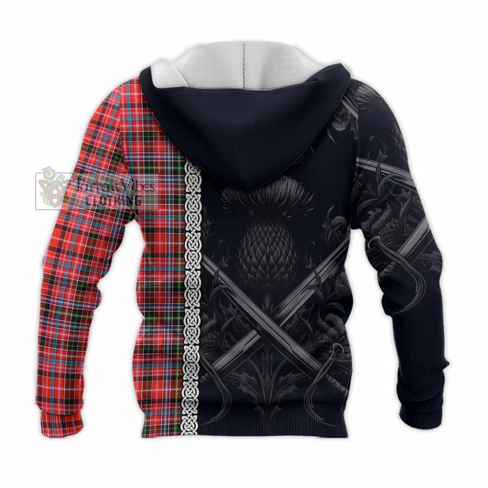 Tartan Vibes Clothing Straiton Tartan Knitted Hoodie with Family Crest Cross Sword Thistle Celtic Vibes
