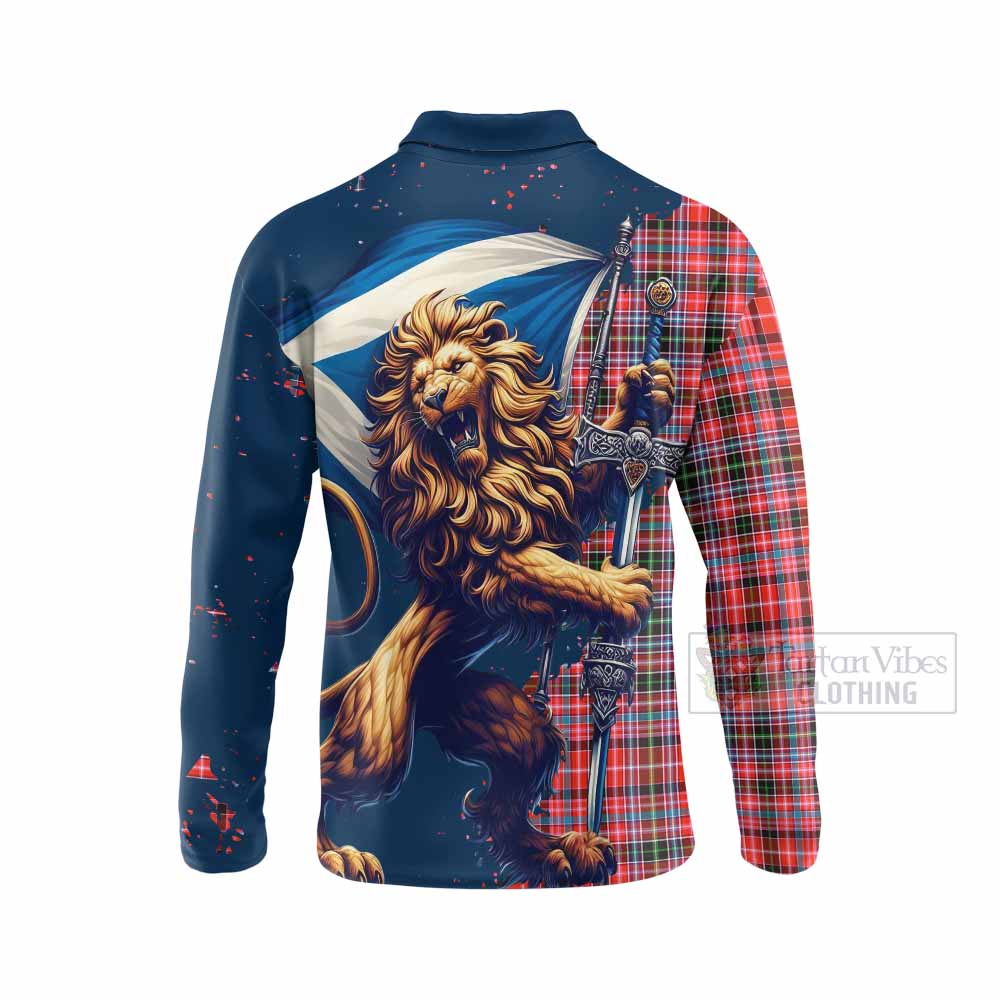 Tartan Vibes Clothing Straiton Tartan Family Crest Long Sleeve Polo Shirt with Scottish Majestic Lion