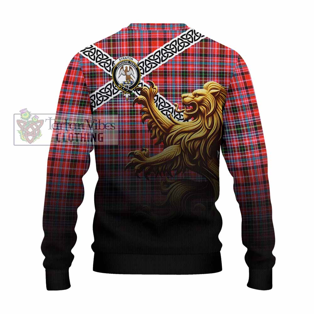 Tartan Vibes Clothing Straiton Crest Tartan Knitted Sweater with Golden Lion Emblem Celtic Style