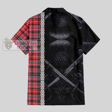 Tartan Vibes Clothing Straiton Tartan Short Sleeve Button Shirt with Family Crest Cross Sword Thistle Celtic Vibes
