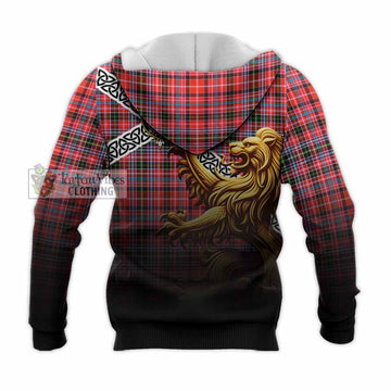 Straiton Crest Tartan Knitted Hoodie with Golden Lion Emblem Celtic Style