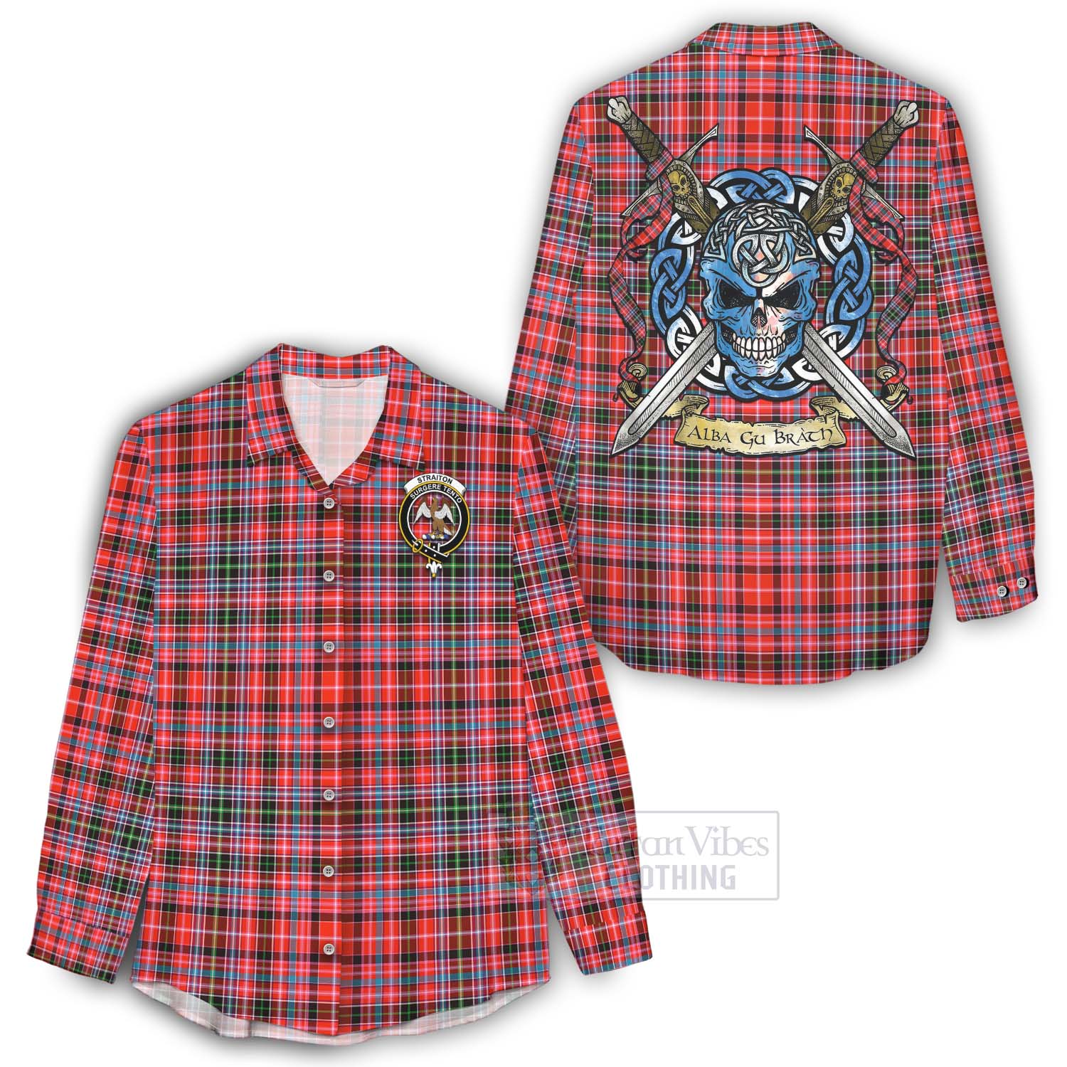 Tartan Vibes Clothing Straiton Tartan Women's Casual Shirt with Family Crest Celtic Skull Style