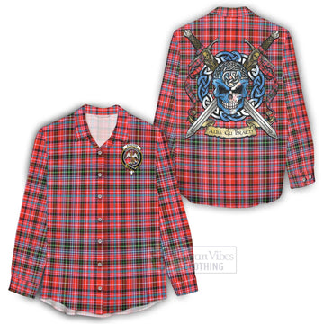 Tartan Vibes Clothing Straiton Tartan Women's Casual Shirt with Family Crest Celtic Skull Style