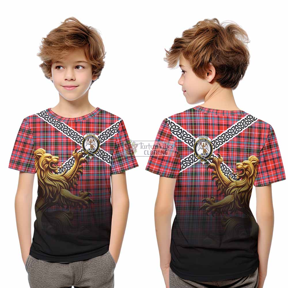 Tartan Vibes Clothing Straiton Crest Tartan Kid T-Shirt with Golden Lion Emblem Celtic Style