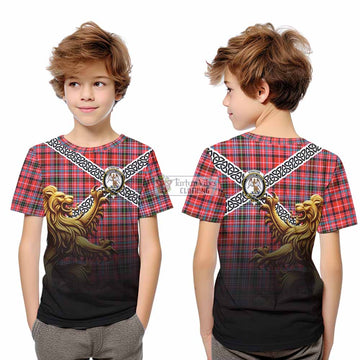 Straiton Crest Tartan Kid T-Shirt with Golden Lion Emblem Celtic Style