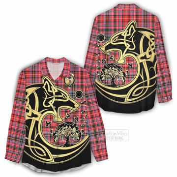 Tartan Vibes Clothing Straiton Tartan Women's Casual Shirt with Family Crest Celtic Wolf Style