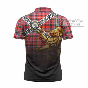 Straiton Crest Tartan Zipper Polo Shirt with Golden Lion Emblem Celtic Style