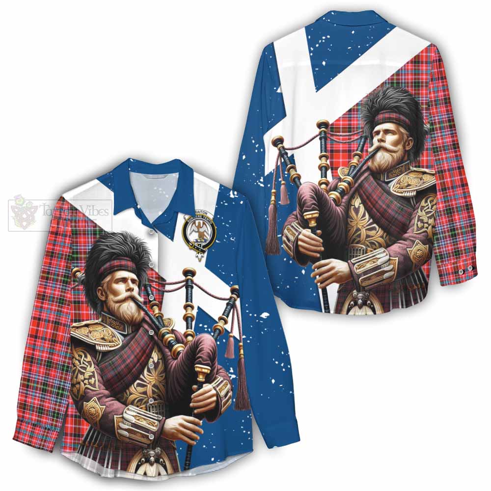 Tartan Vibes Clothing Straiton Tartan Women's Casual Shirt with Family Crest Scottish Bagpiper Vibes