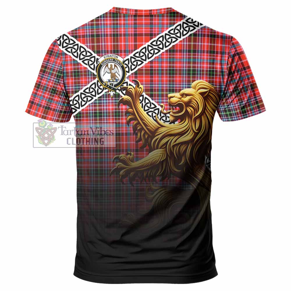 Tartan Vibes Clothing Straiton Crest Tartan T-Shirt with Golden Lion Emblem Celtic Style