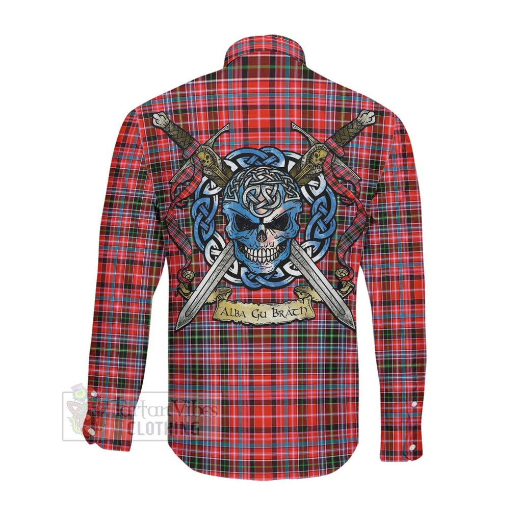 Tartan Vibes Clothing Straiton Tartan Long Sleeve Button Shirt with Family Crest Celtic Skull Style
